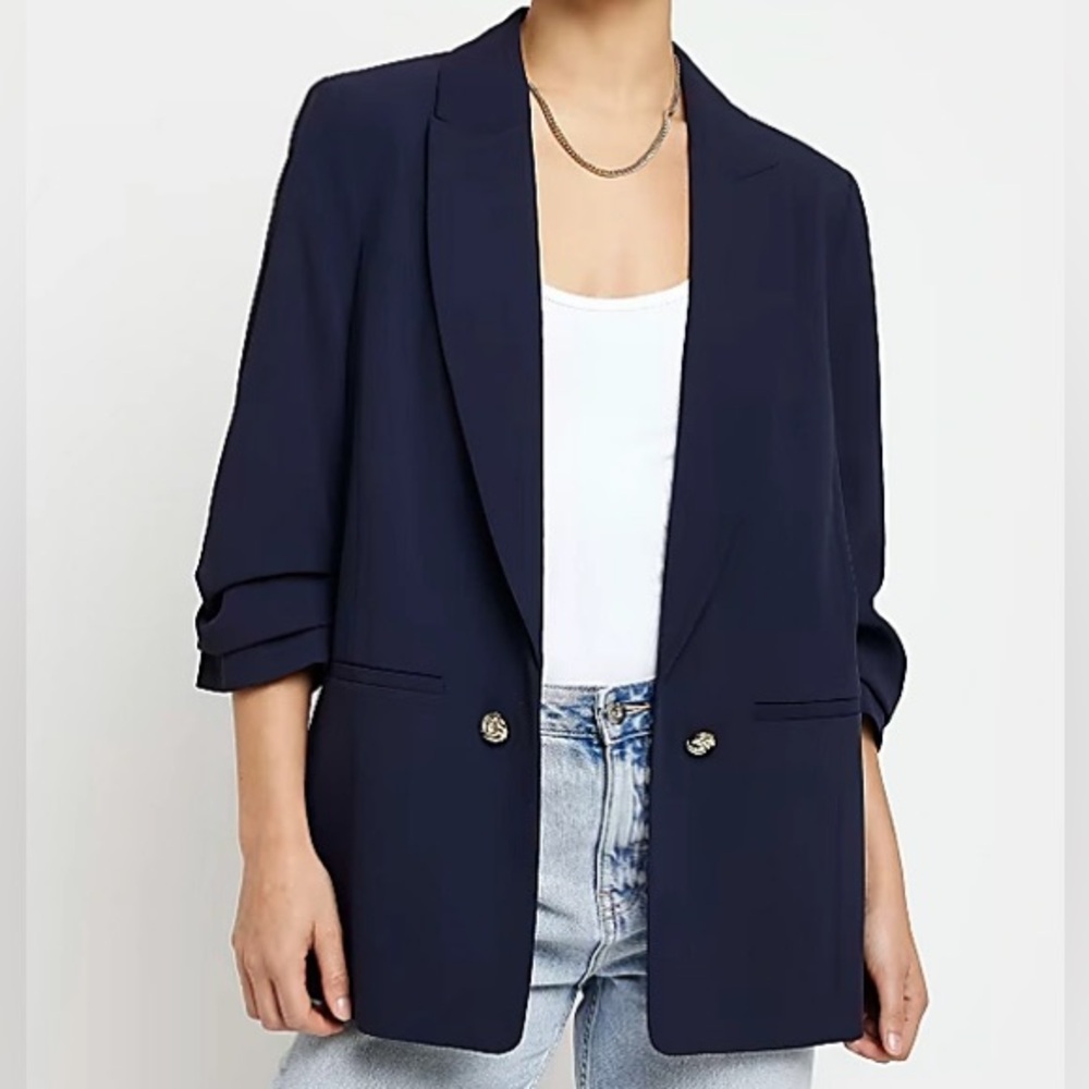 River Island Navy Ruched Sleeve Blazer